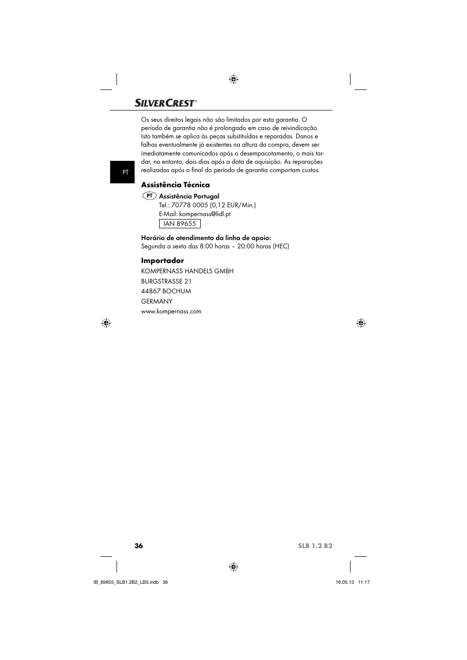 Assistência técnica, Importador | Silvercrest SLB 1.2 B2 User Manual | Page 39 / 64