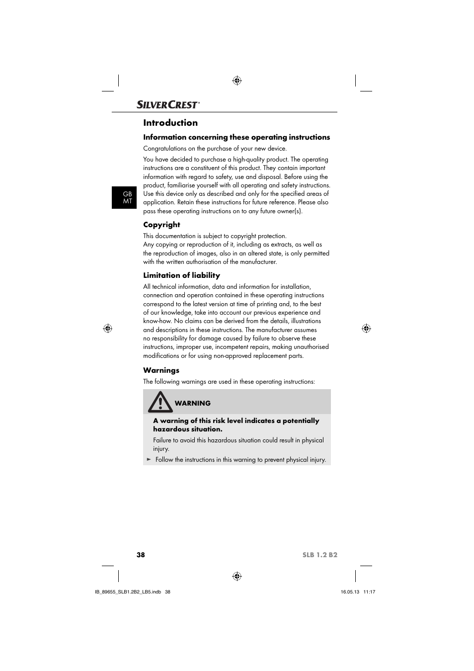 Introduction, Copyright, Limitation of liability | Warnings | Silvercrest SLB 1.2 B2 User Manual | Page 41 / 64