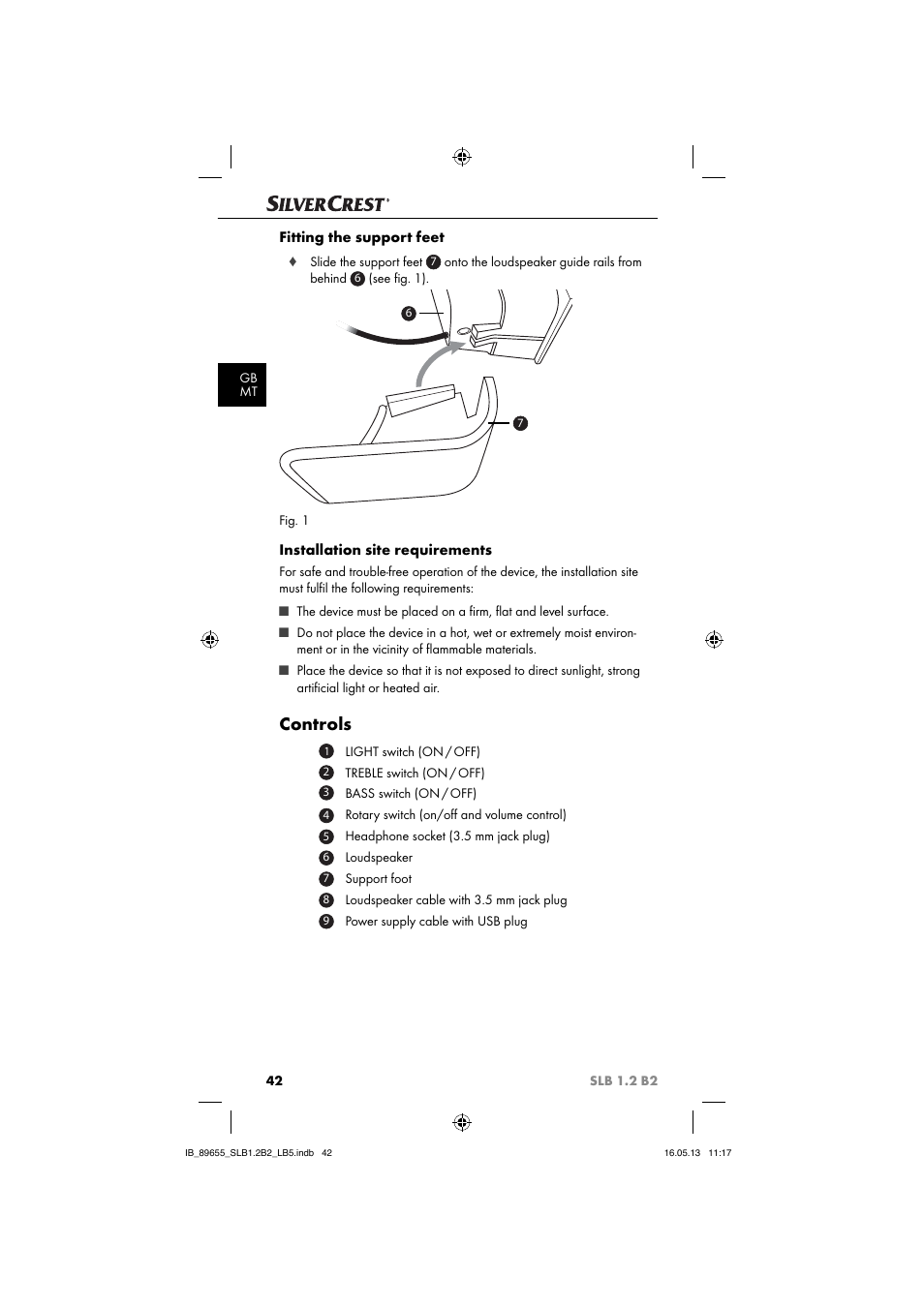 Controls, Fitting the support feet, Installation site requirements | Silvercrest SLB 1.2 B2 User Manual | Page 45 / 64