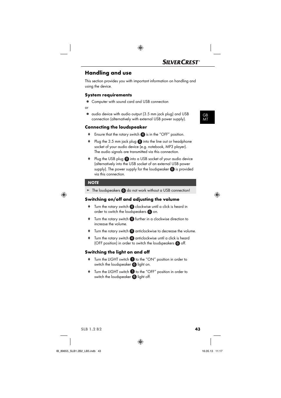 Handling and use, System requirements, Connecting the loudspeaker | Switching on/oﬀ and adjusting the volume, Switching the light on and oﬀ | Silvercrest SLB 1.2 B2 User Manual | Page 46 / 64