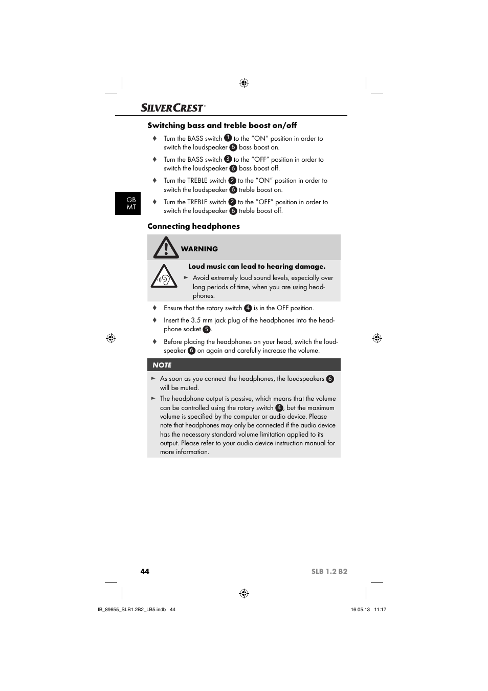 Switching bass and treble boost on/oﬀ, Connecting headphones | Silvercrest SLB 1.2 B2 User Manual | Page 47 / 64