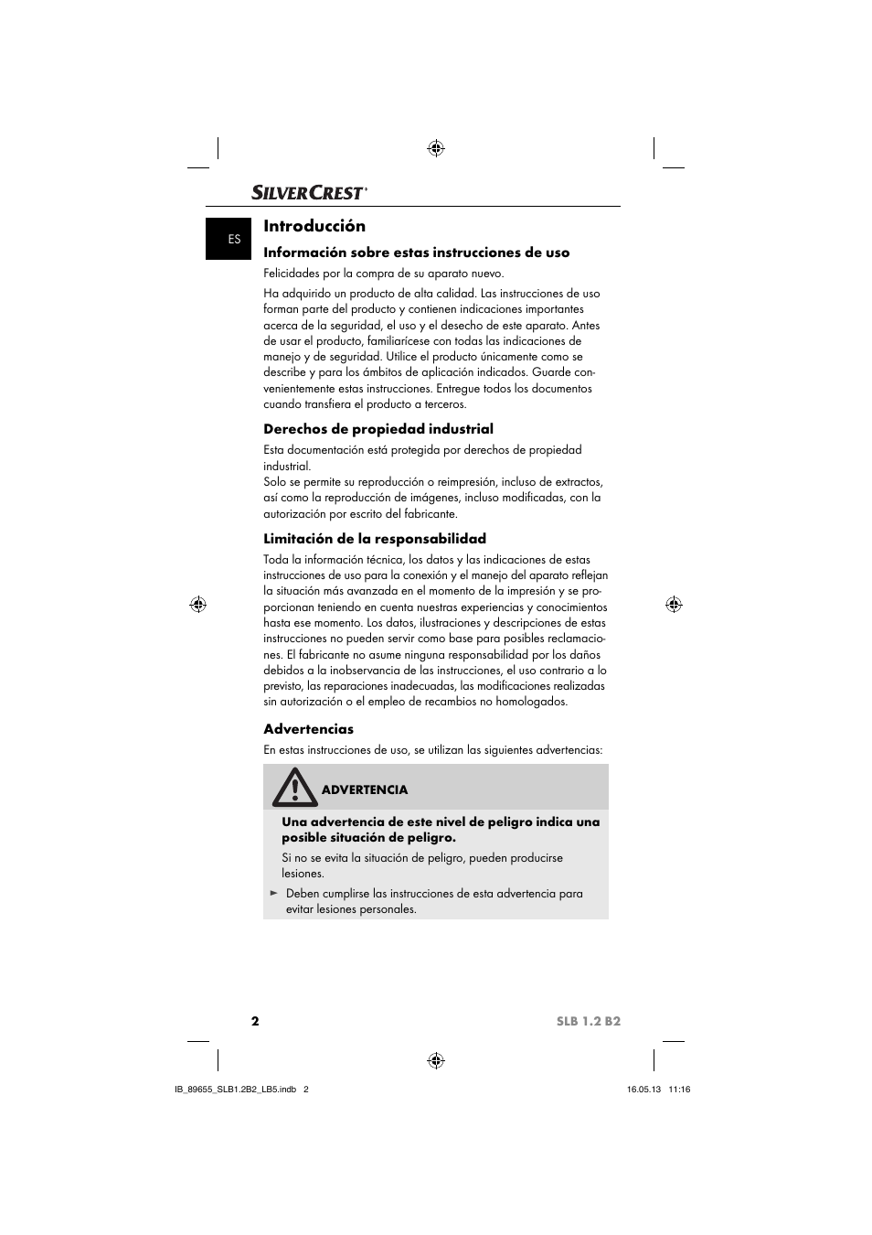 Introducción, Información sobre estas instrucciones de uso, Derechos de propiedad industrial | Limitación de la responsabilidad, Advertencias | Silvercrest SLB 1.2 B2 User Manual | Page 5 / 64