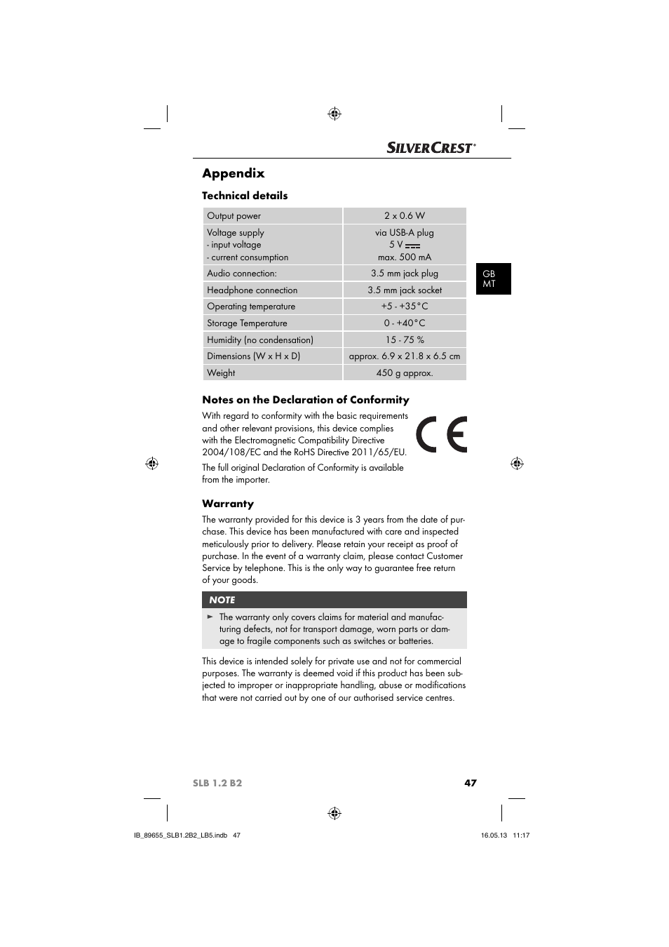 Appendix, Technical details, Warranty | Silvercrest SLB 1.2 B2 User Manual | Page 50 / 64