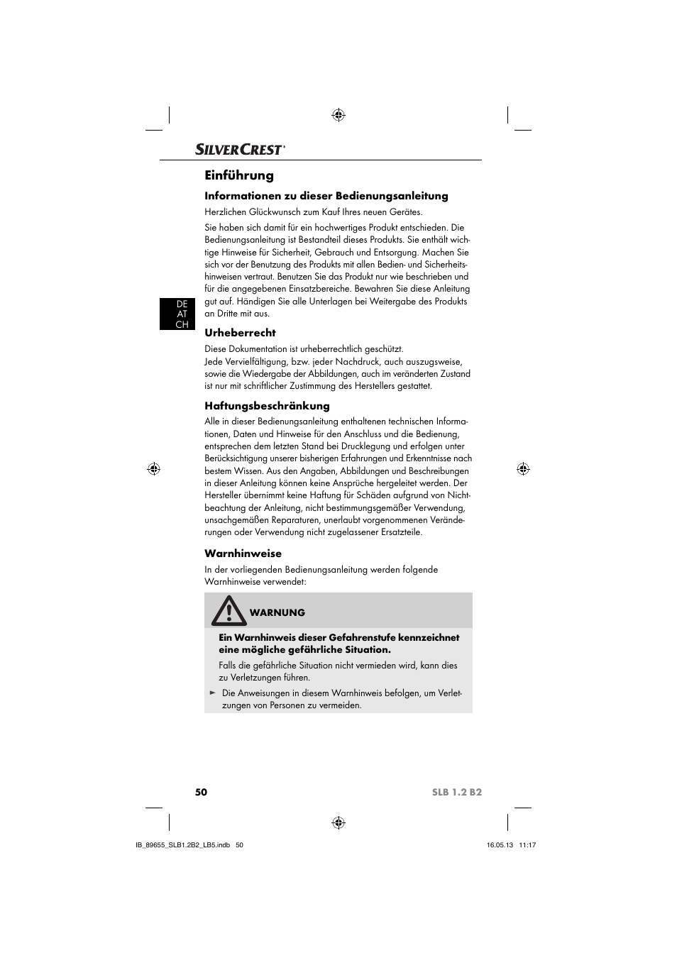 Einführung, Informationen zu dieser bedienungsanleitung, Urheberrecht | Haftungsbeschränkung, Warnhinweise | Silvercrest SLB 1.2 B2 User Manual | Page 53 / 64