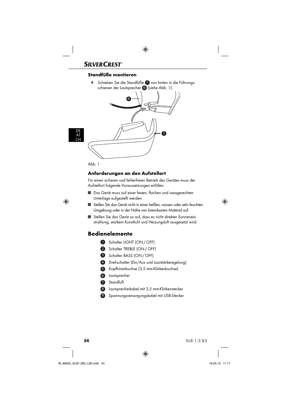 Bedienelemente, Standfüße montieren, Anforderungen an den aufstellort | Silvercrest SLB 1.2 B2 User Manual | Page 57 / 64