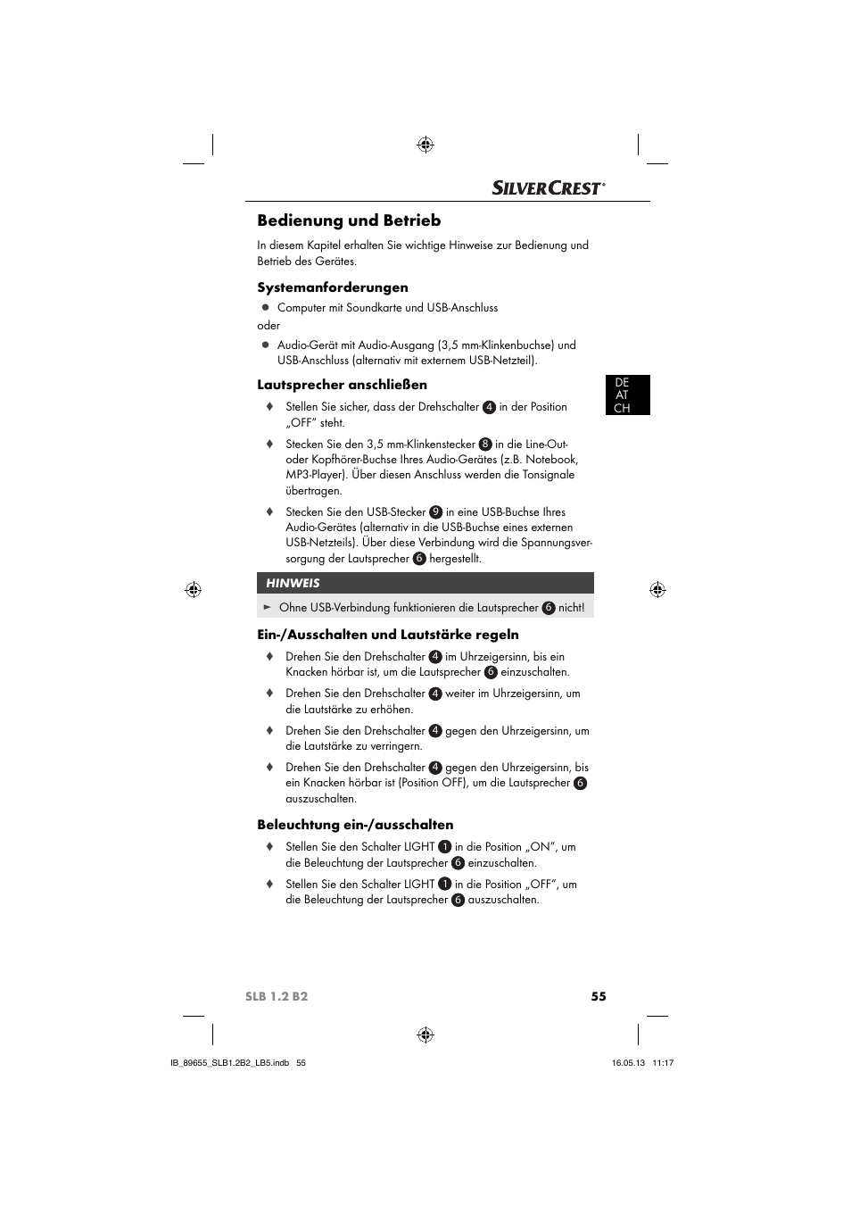 Bedienung und betrieb, Systemanforderungen, Lautsprecher anschließen | Ein-/ausschalten und lautstärke regeln, Beleuchtung ein-/ausschalten | Silvercrest SLB 1.2 B2 User Manual | Page 58 / 64