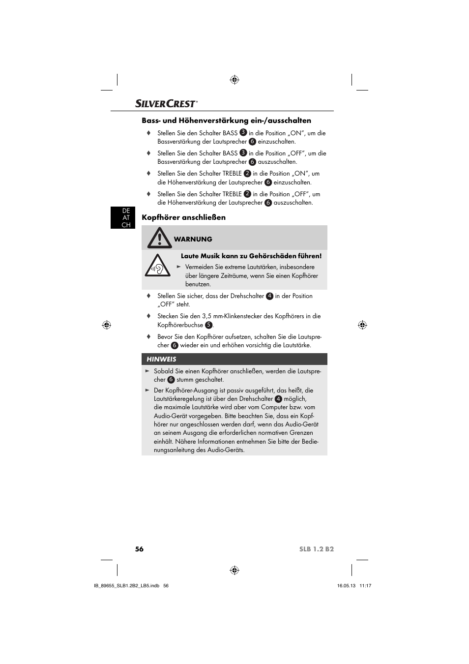 Bass- und höhenverstärkung ein-/ausschalten, Kopfhörer anschließen | Silvercrest SLB 1.2 B2 User Manual | Page 59 / 64