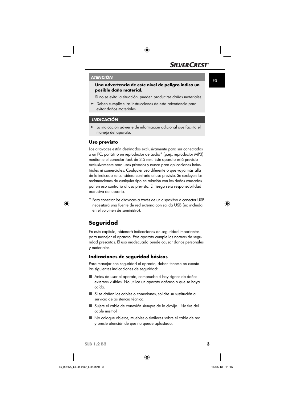 Seguridad, Uso previsto, Indicaciones de seguridad básicas | Silvercrest SLB 1.2 B2 User Manual | Page 6 / 64