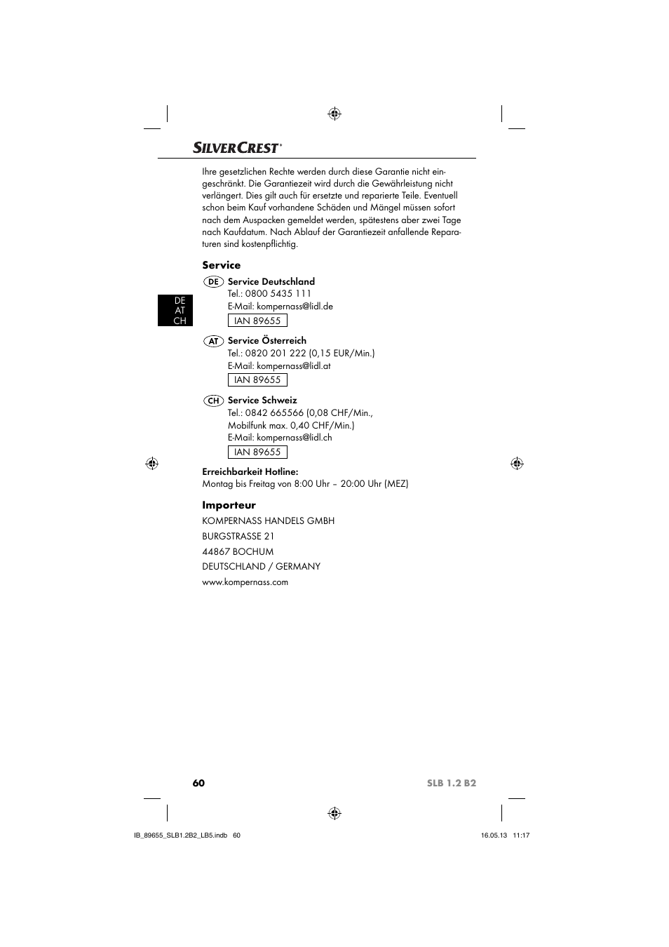 Service, Importeur | Silvercrest SLB 1.2 B2 User Manual | Page 63 / 64