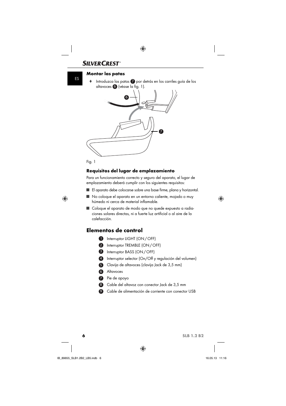 Elementos de control, Montar las patas, Requisitos del lugar de emplazamiento | Silvercrest SLB 1.2 B2 User Manual | Page 9 / 64