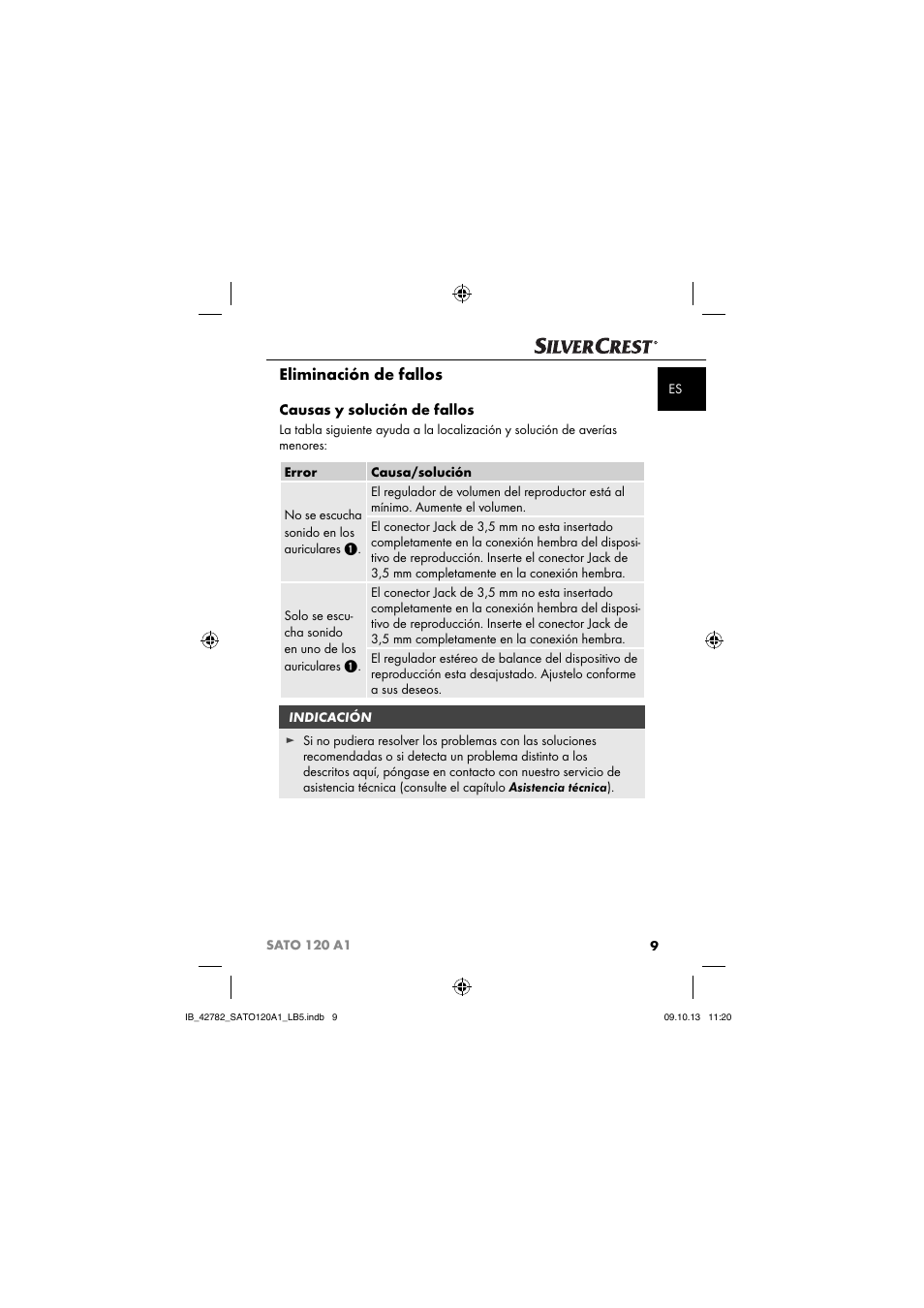 Eliminación de fallos, Causas y solución de fallos | Silvercrest SATO 120 A1 User Manual | Page 12 / 73