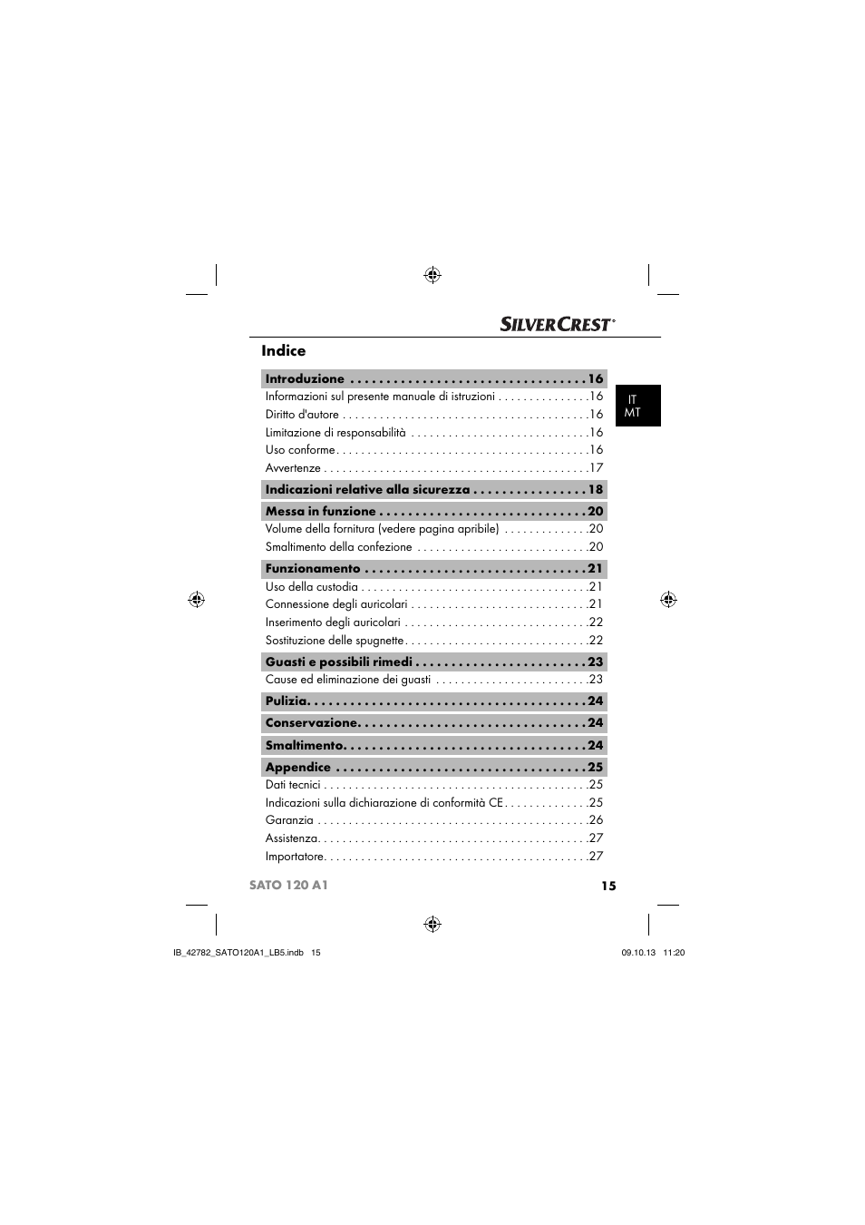 Indice | Silvercrest SATO 120 A1 User Manual | Page 18 / 73