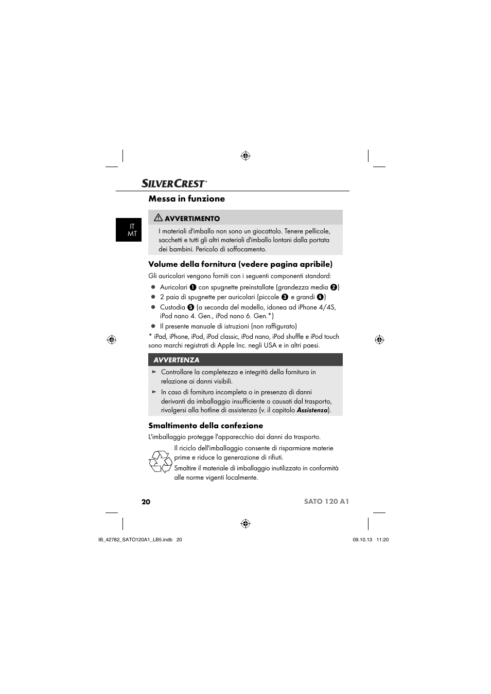 Messa in funzione, Volume della fornitura (vedere pagina apribile), Smaltimento della confezione | Silvercrest SATO 120 A1 User Manual | Page 23 / 73