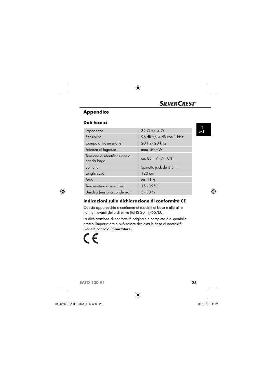 Appendice, Dati tecnici, Indicazioni sulla dichiarazione di conformità ce | Silvercrest SATO 120 A1 User Manual | Page 28 / 73