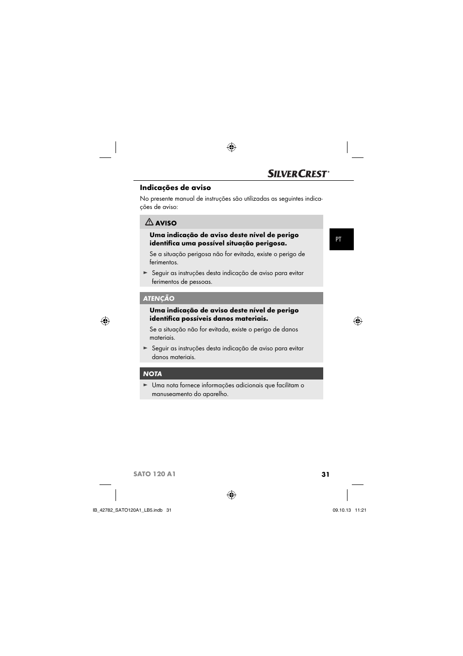 Indicações de aviso | Silvercrest SATO 120 A1 User Manual | Page 34 / 73