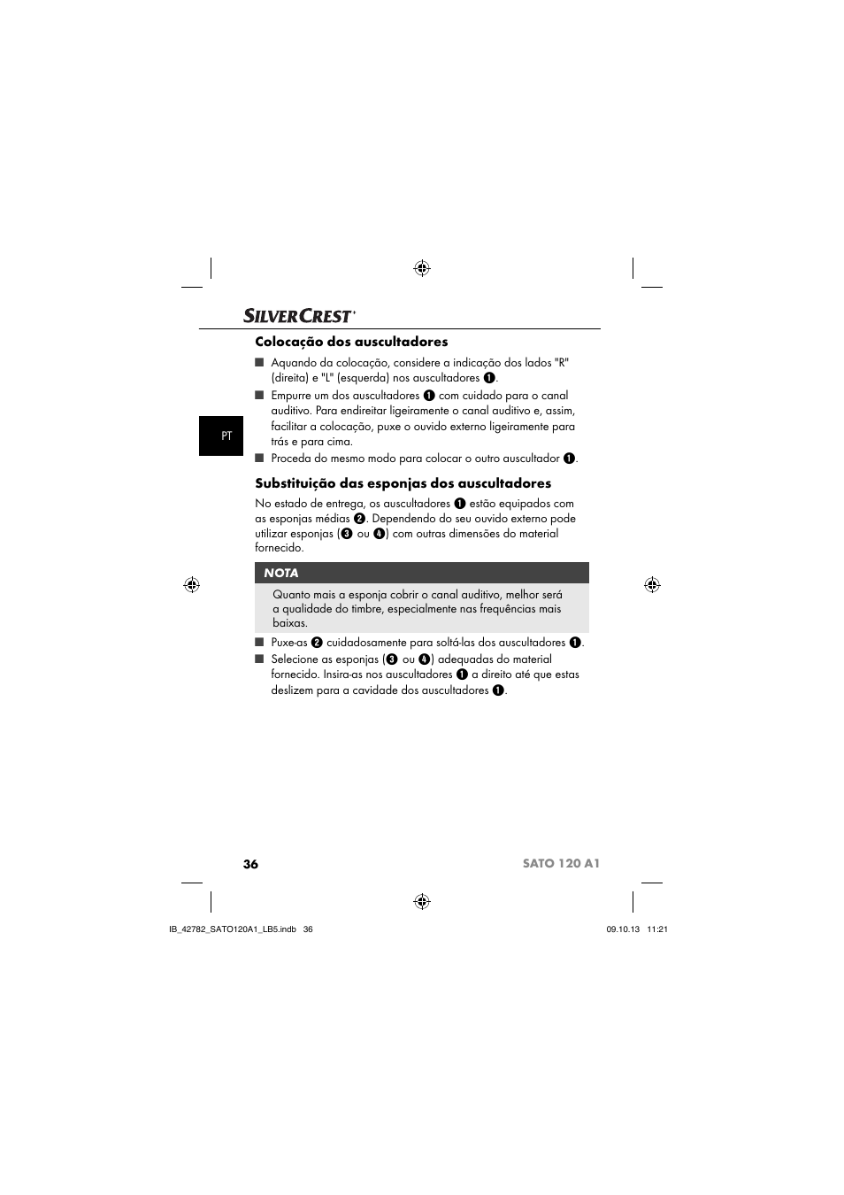 Colocação dos auscultadores, Substituição das esponjas dos auscultadores | Silvercrest SATO 120 A1 User Manual | Page 39 / 73
