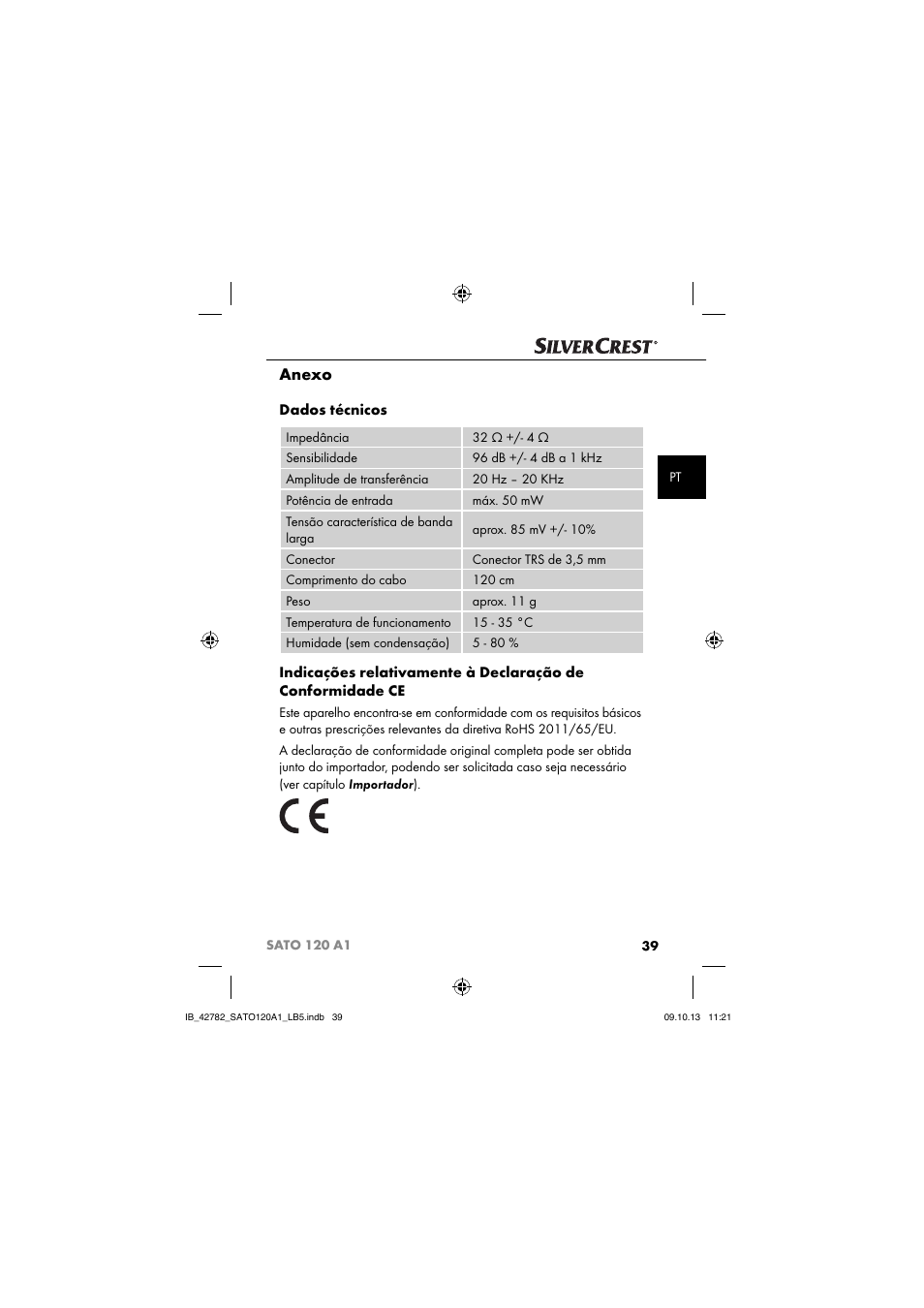 Anexo, Dados técnicos | Silvercrest SATO 120 A1 User Manual | Page 42 / 73