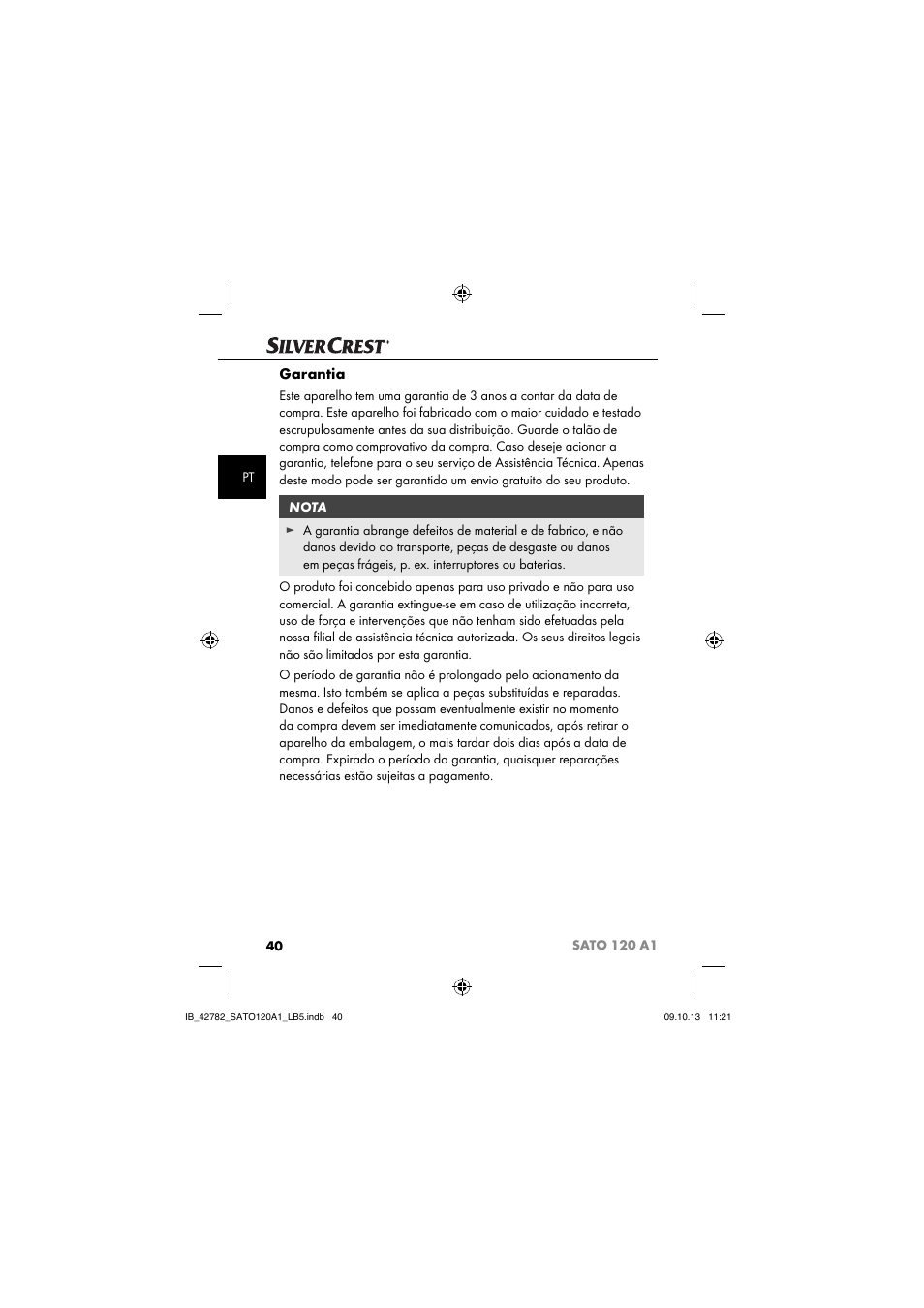 Garantia | Silvercrest SATO 120 A1 User Manual | Page 43 / 73
