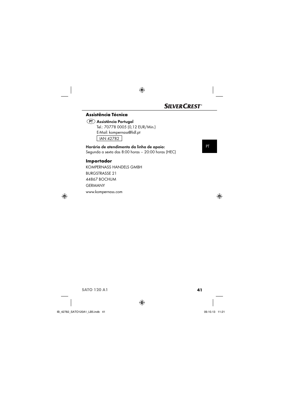 Assistência técnica, Importador | Silvercrest SATO 120 A1 User Manual | Page 44 / 73