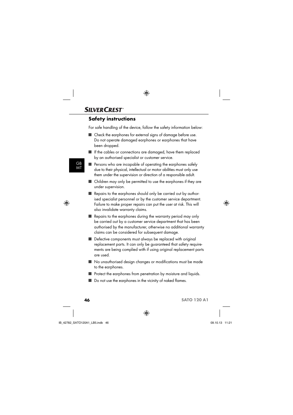 Safety instructions | Silvercrest SATO 120 A1 User Manual | Page 49 / 73