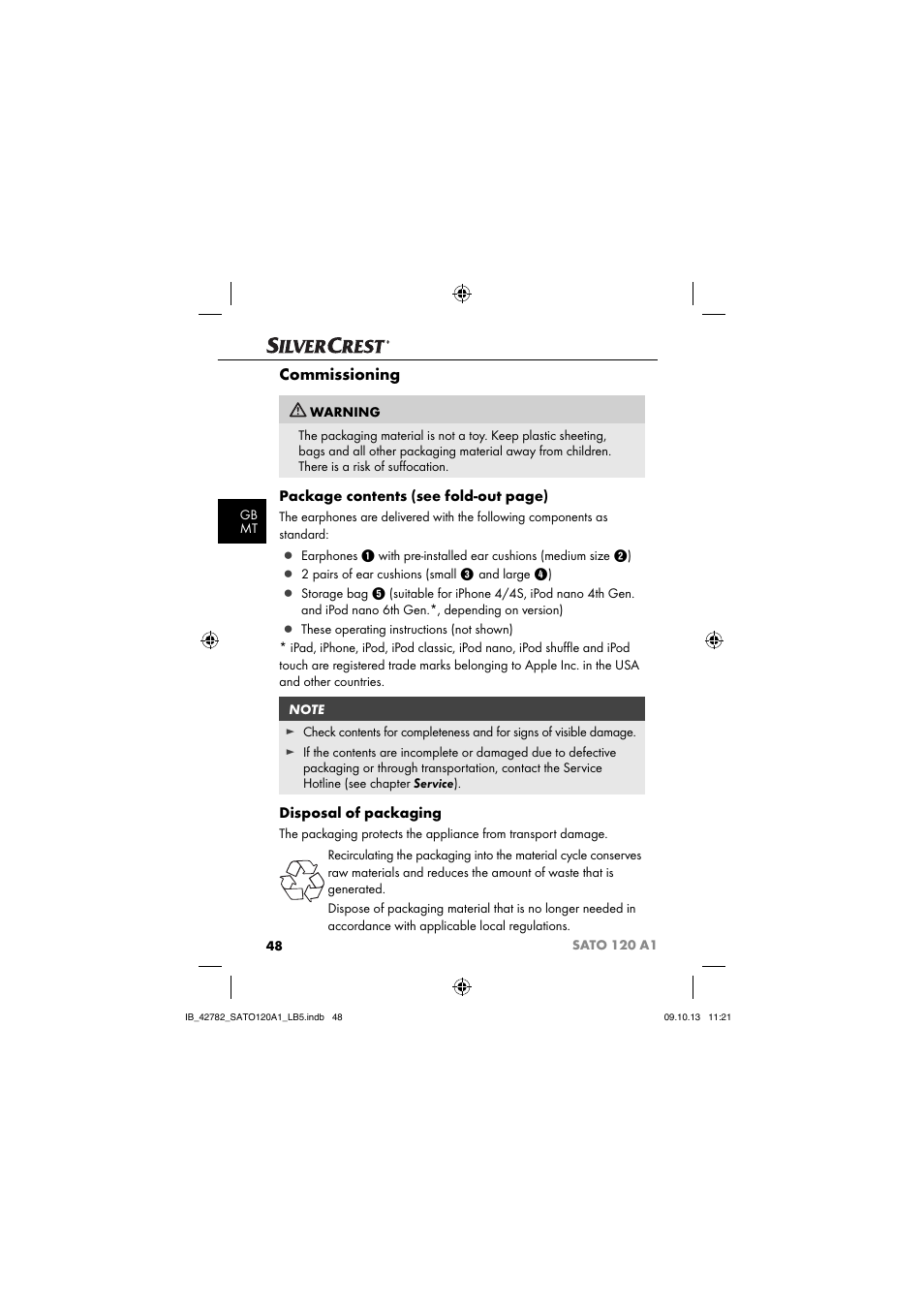 Commissioning, Package contents (see fold-out page), Disposal of packaging | Silvercrest SATO 120 A1 User Manual | Page 51 / 73