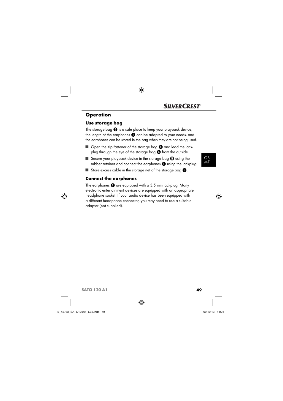 Operation, Use storage bag, Connect the earphones | Silvercrest SATO 120 A1 User Manual | Page 52 / 73