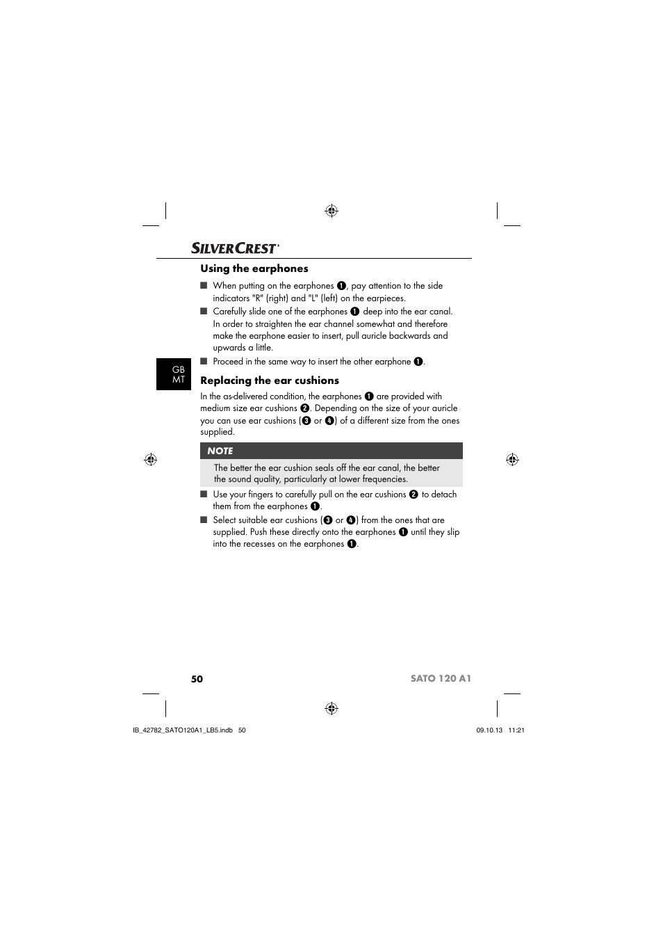 Using the earphones, Replacing the ear cushions | Silvercrest SATO 120 A1 User Manual | Page 53 / 73