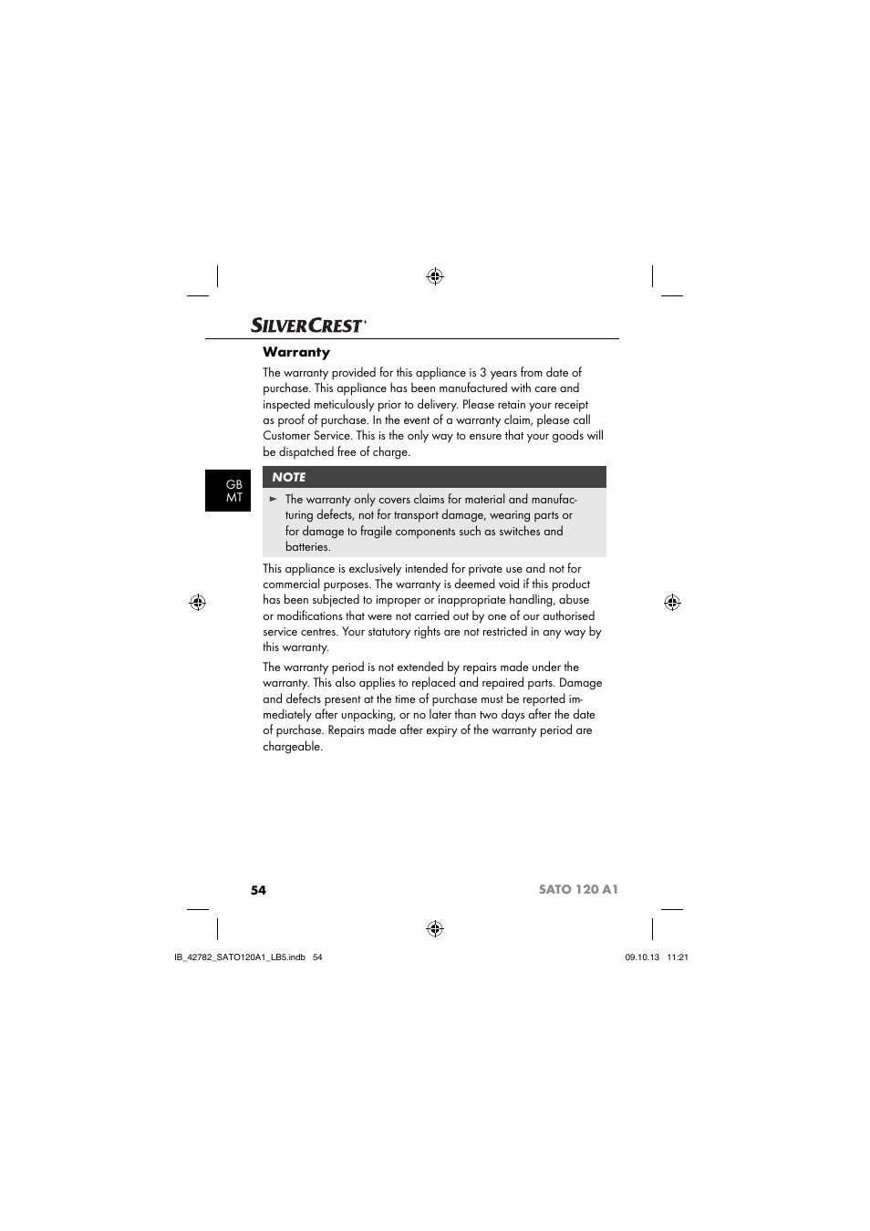 Warranty | Silvercrest SATO 120 A1 User Manual | Page 57 / 73