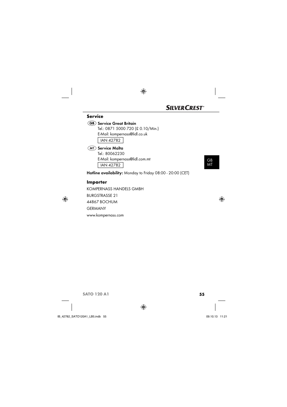 Service, Importer | Silvercrest SATO 120 A1 User Manual | Page 58 / 73