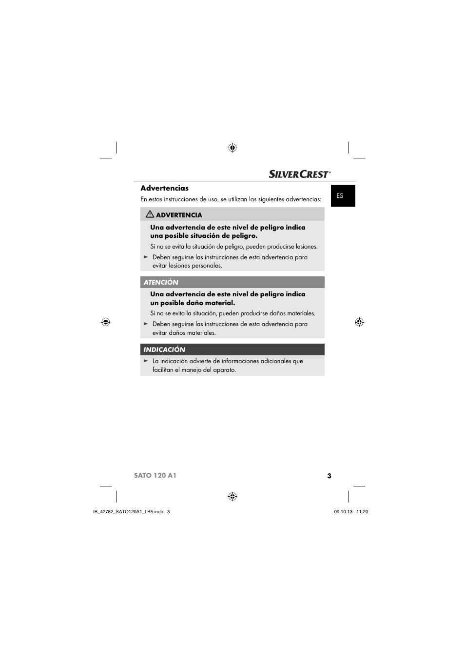 Advertencias | Silvercrest SATO 120 A1 User Manual | Page 6 / 73