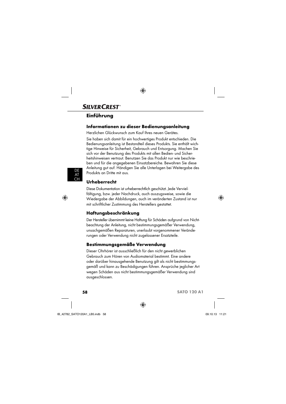 Einführung, Informationen zu dieser bedienungsanleitung, Urheberrecht | Haftungsbeschränkung, Bestimmungsgemäße verwendung | Silvercrest SATO 120 A1 User Manual | Page 61 / 73