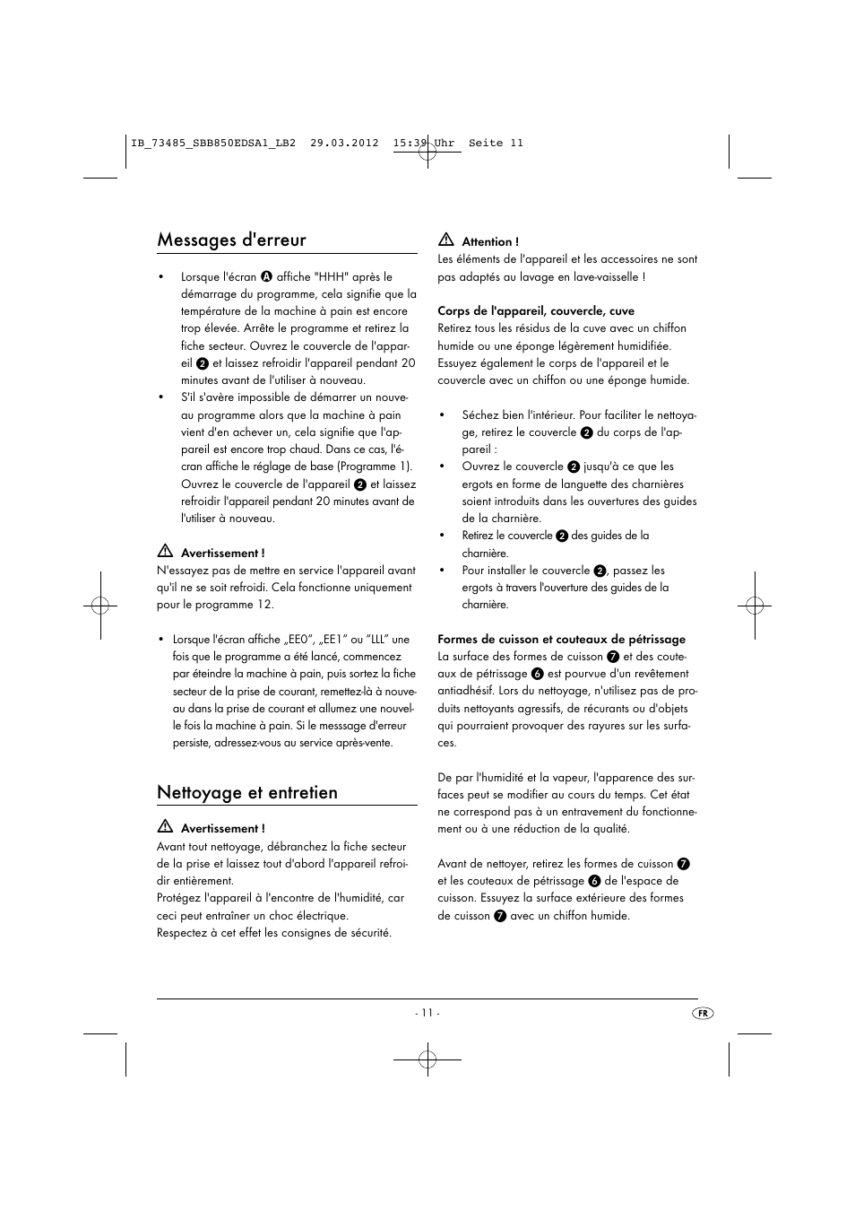 Messages d'erreur, Nettoyage et entretien | Silvercrest SBB 850 EDS A1 User Manual | Page 13 / 66