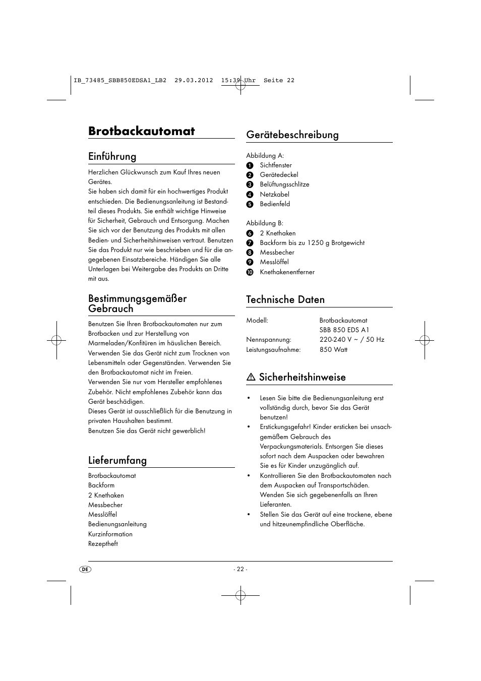 Brotbackautomat, Einführung, Bestimmungsgemäßer gebrauch | Lieferumfang, Gerätebeschreibung, Technische daten, Sicherheitshinweise | Silvercrest SBB 850 EDS A1 User Manual | Page 24 / 66