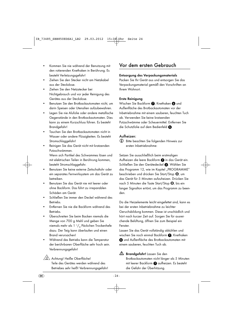 Vor dem ersten gebrauch | Silvercrest SBB 850 EDS A1 User Manual | Page 26 / 66