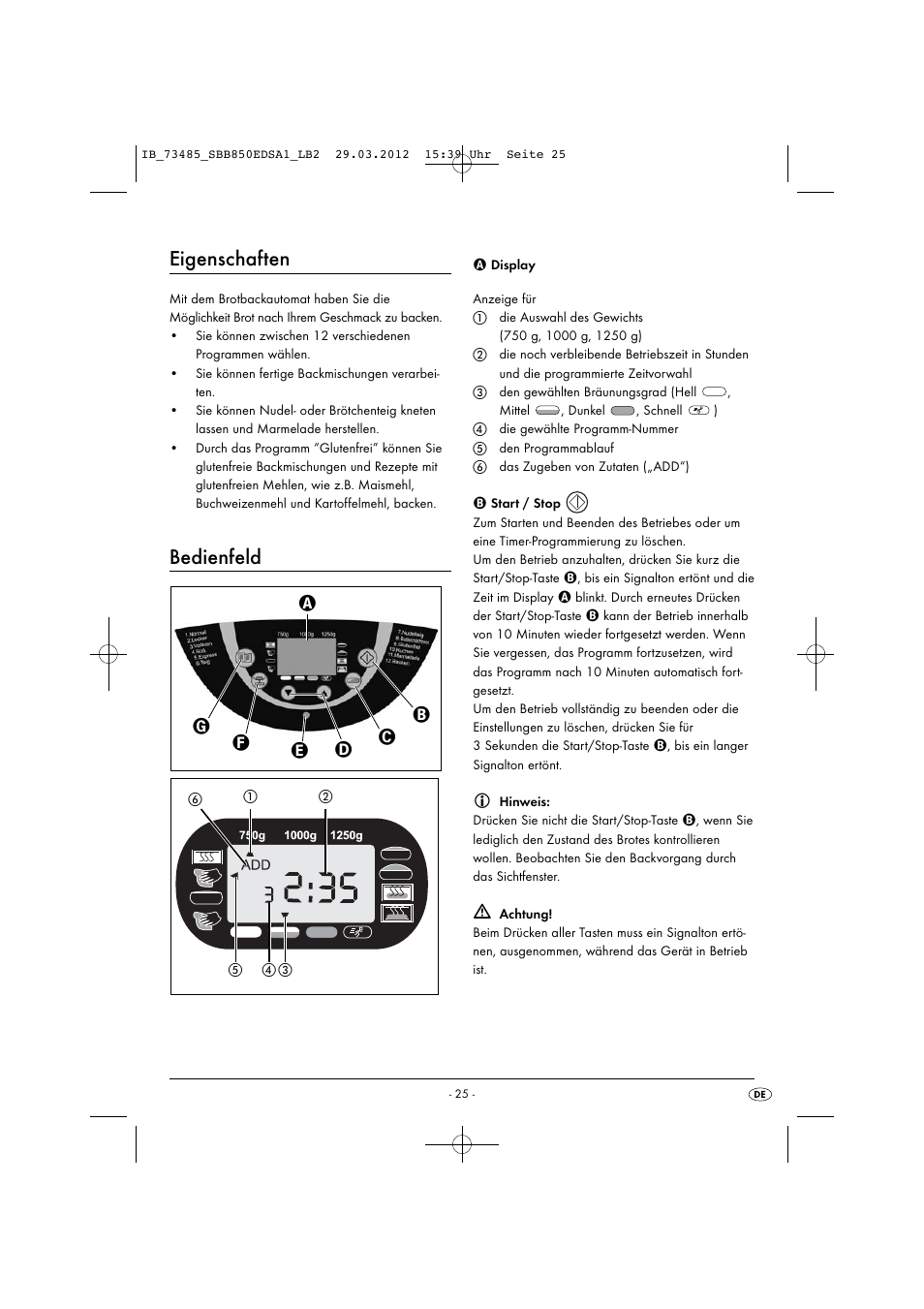 Eigenschaften, Bedienfeld | Silvercrest SBB 850 EDS A1 User Manual | Page 27 / 66