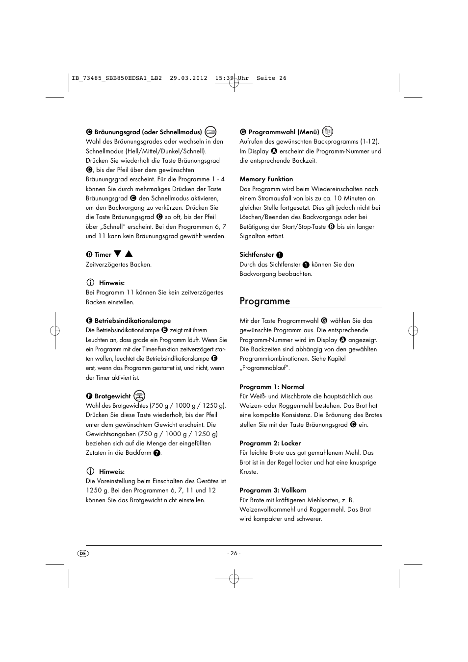 Programme | Silvercrest SBB 850 EDS A1 User Manual | Page 28 / 66
