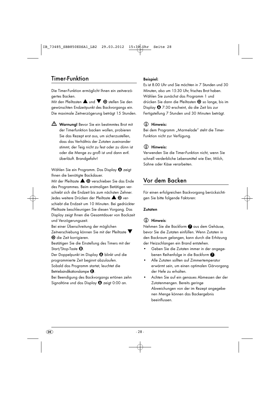 Timer-funktion, Vor dem backen | Silvercrest SBB 850 EDS A1 User Manual | Page 30 / 66