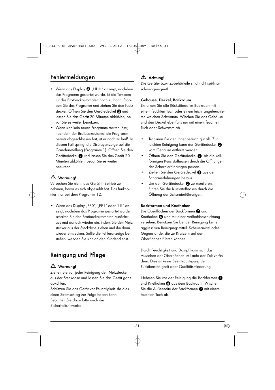 Fehlermeldungen, Reinigung und pflege | Silvercrest SBB 850 EDS A1 User Manual | Page 33 / 66