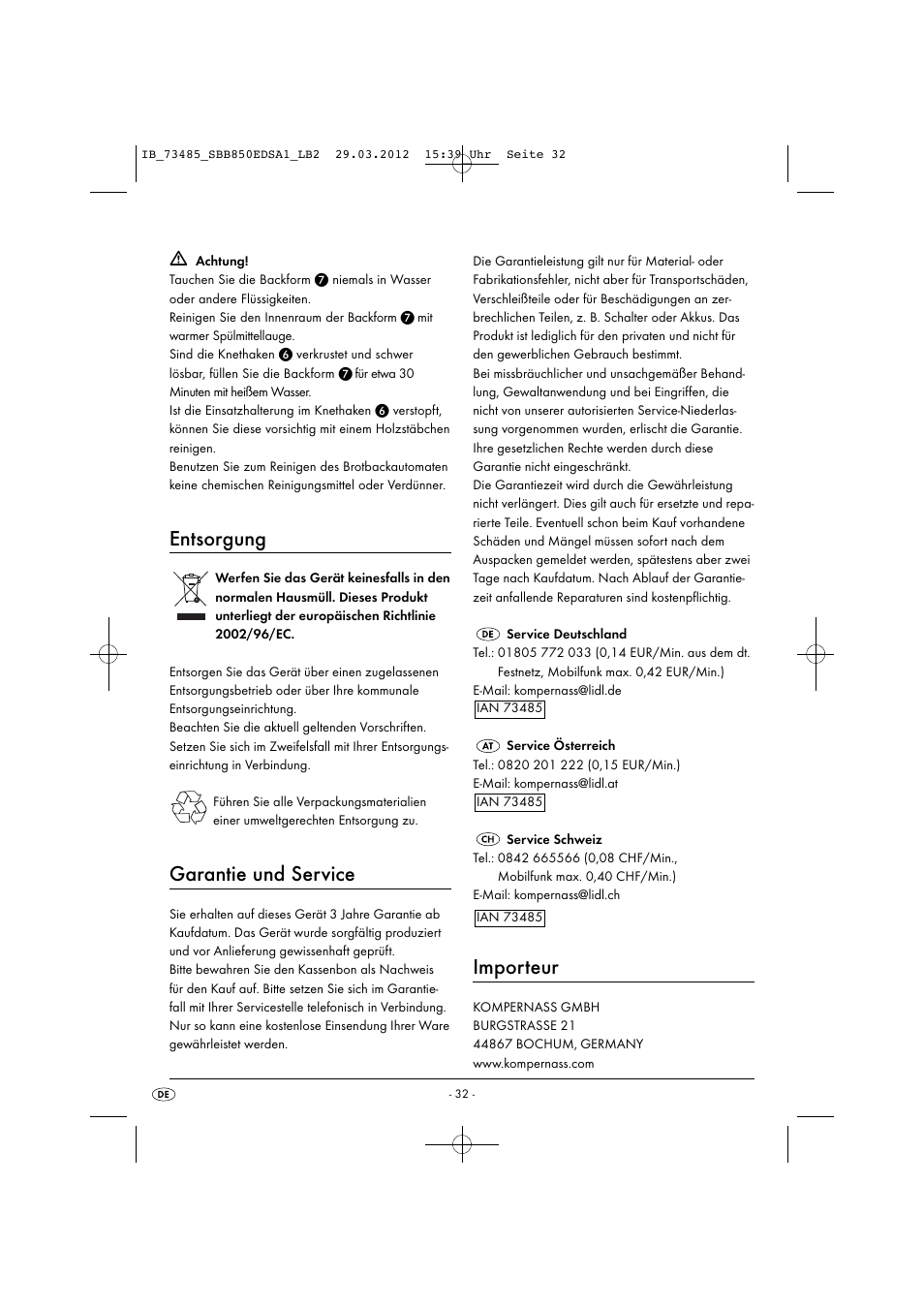 Entsorgung, Garantie und service, Importeur | Silvercrest SBB 850 EDS A1 User Manual | Page 34 / 66