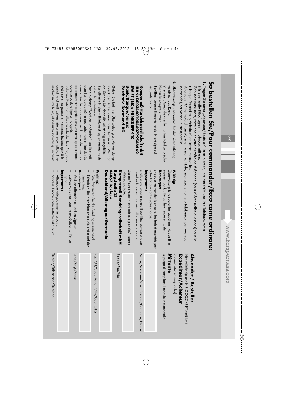 Absender / bes teller, Expédit eur/a ch et eur, Mitt ent e | Silvercrest SBB 850 EDS A1 User Manual | Page 46 / 66