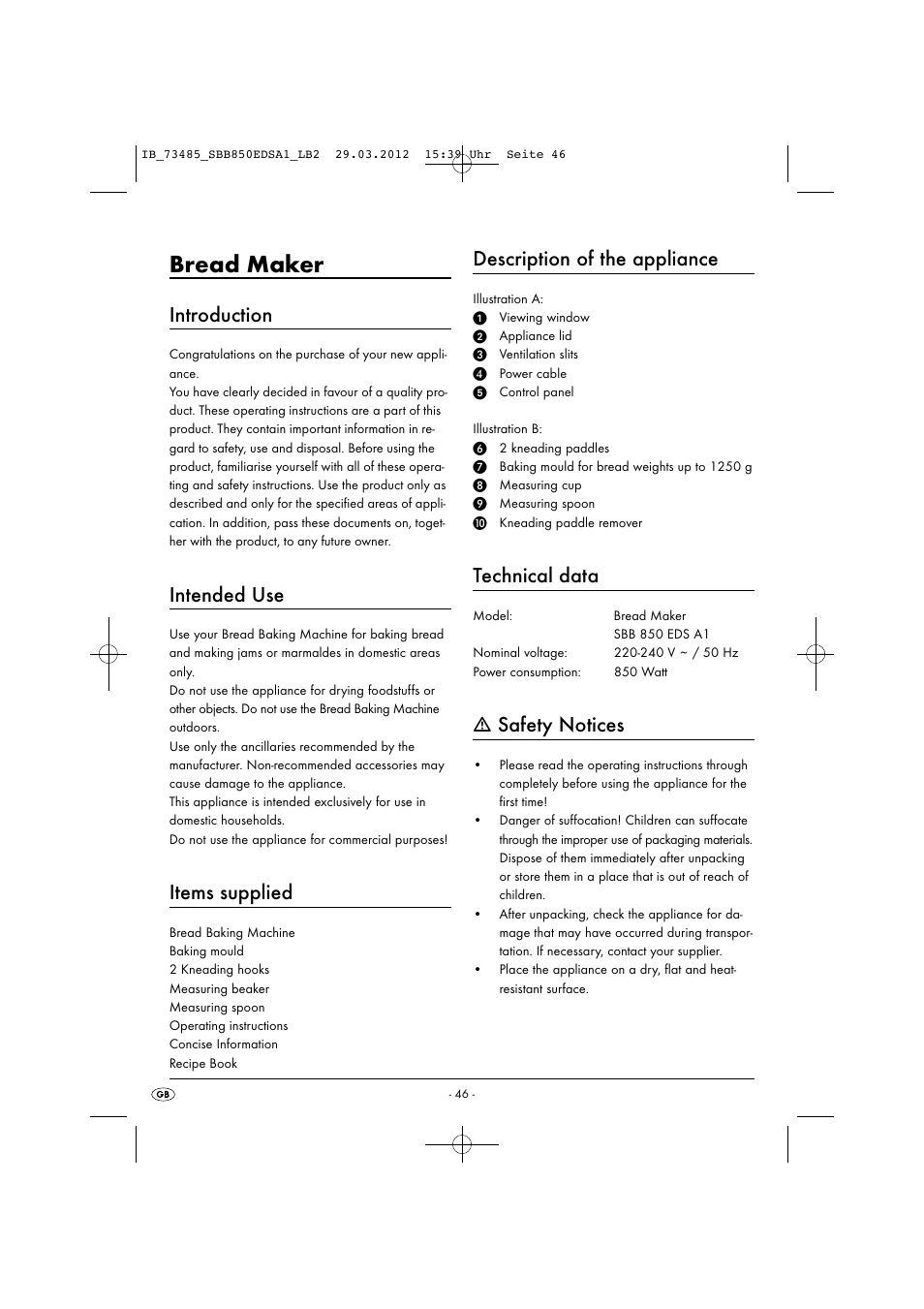 Bread maker, Introduction, Intended use | Items supplied, Description of the appliance, Technical data, Safety notices | Silvercrest SBB 850 EDS A1 User Manual | Page 48 / 66