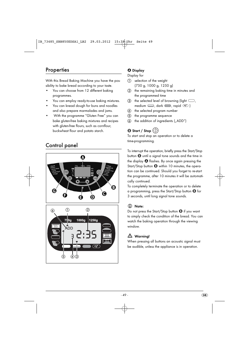 Properties, Control panel | Silvercrest SBB 850 EDS A1 User Manual | Page 51 / 66