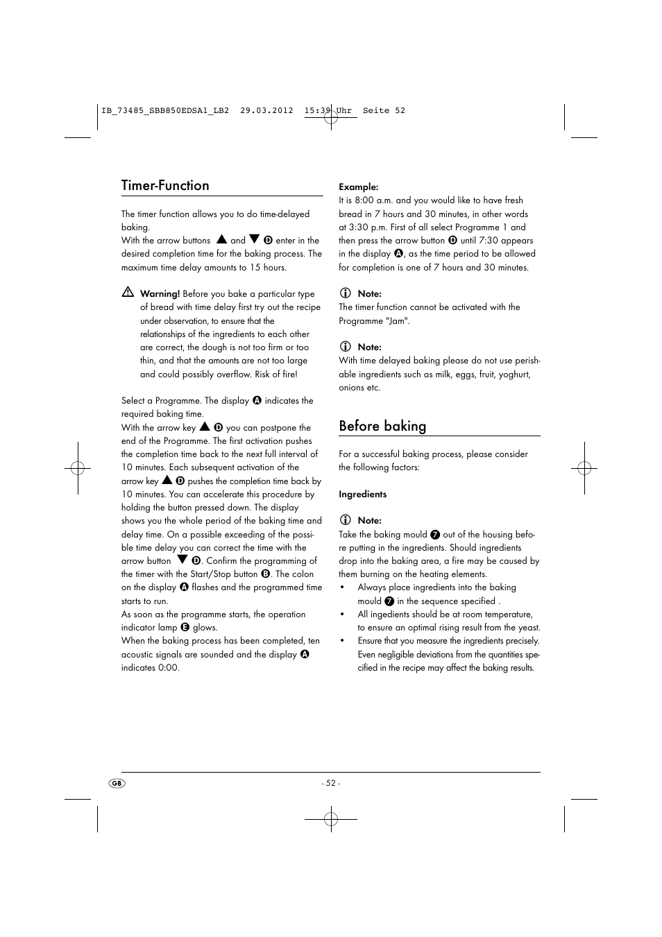 Timer-function, Before baking | Silvercrest SBB 850 EDS A1 User Manual | Page 54 / 66