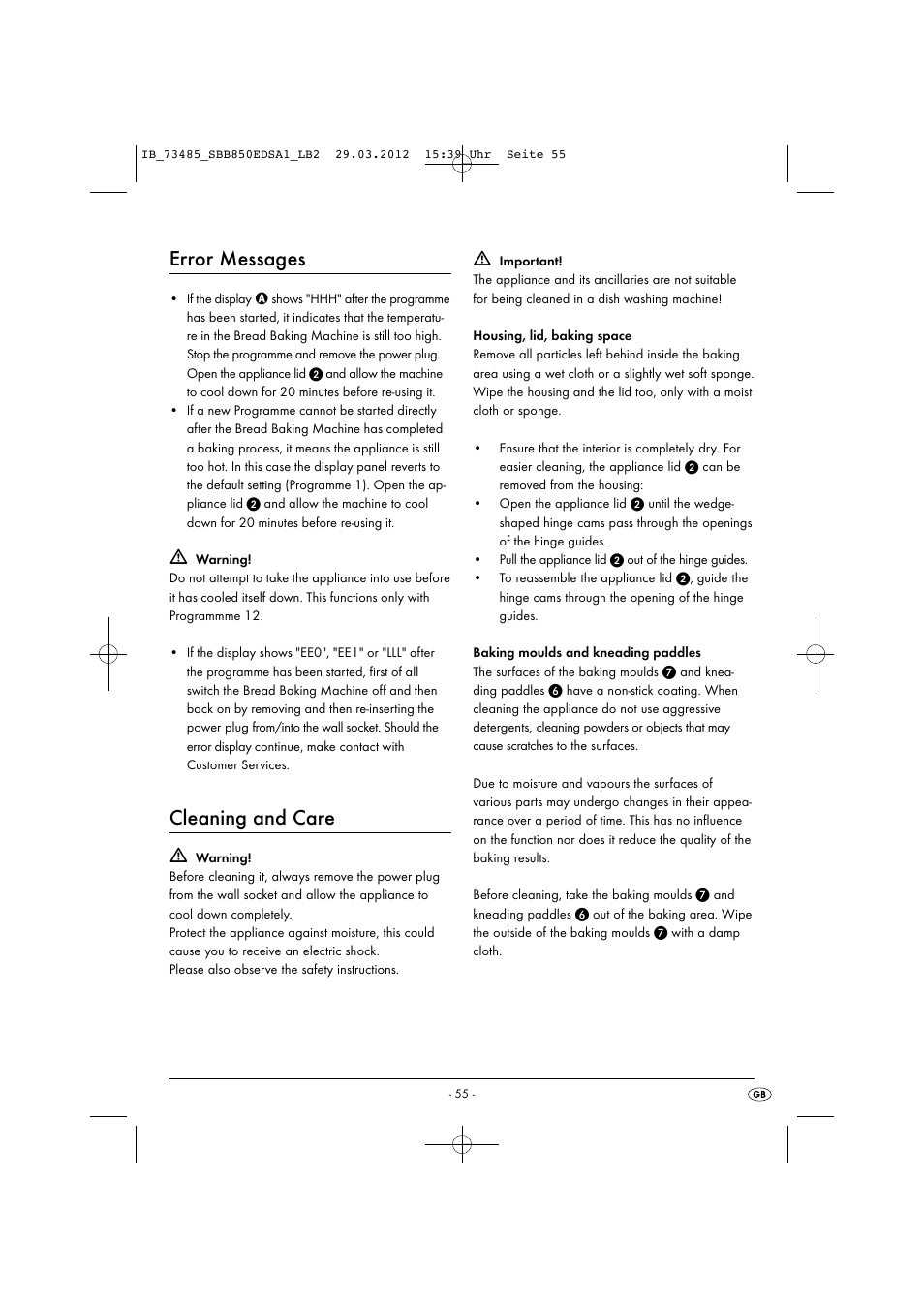 Error messages, Cleaning and care | Silvercrest SBB 850 EDS A1 User Manual | Page 57 / 66