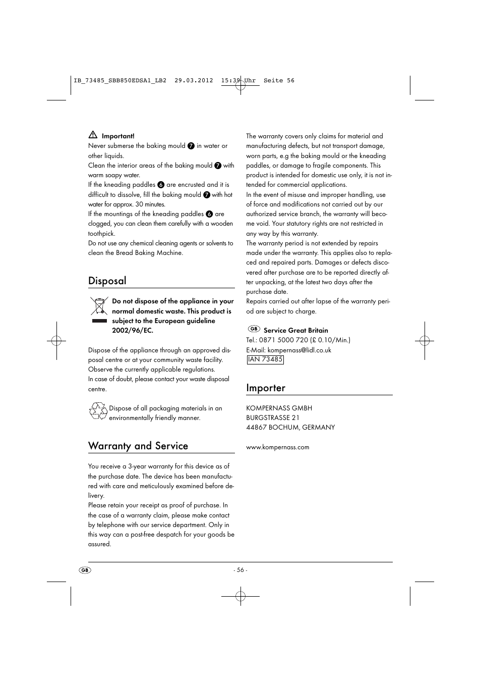 Disposal, Warranty and service, Importer | Silvercrest SBB 850 EDS A1 User Manual | Page 58 / 66