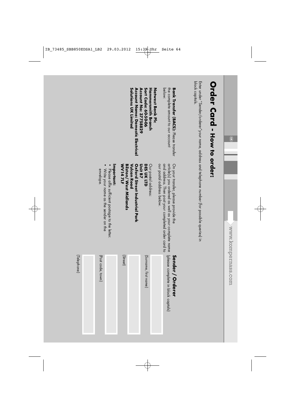 Order card | Silvercrest SBB 850 EDS A1 User Manual | Page 66 / 66