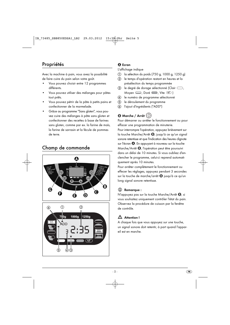 Propriétés, Champ de commande | Silvercrest SBB 850 EDS A1 User Manual | Page 7 / 66