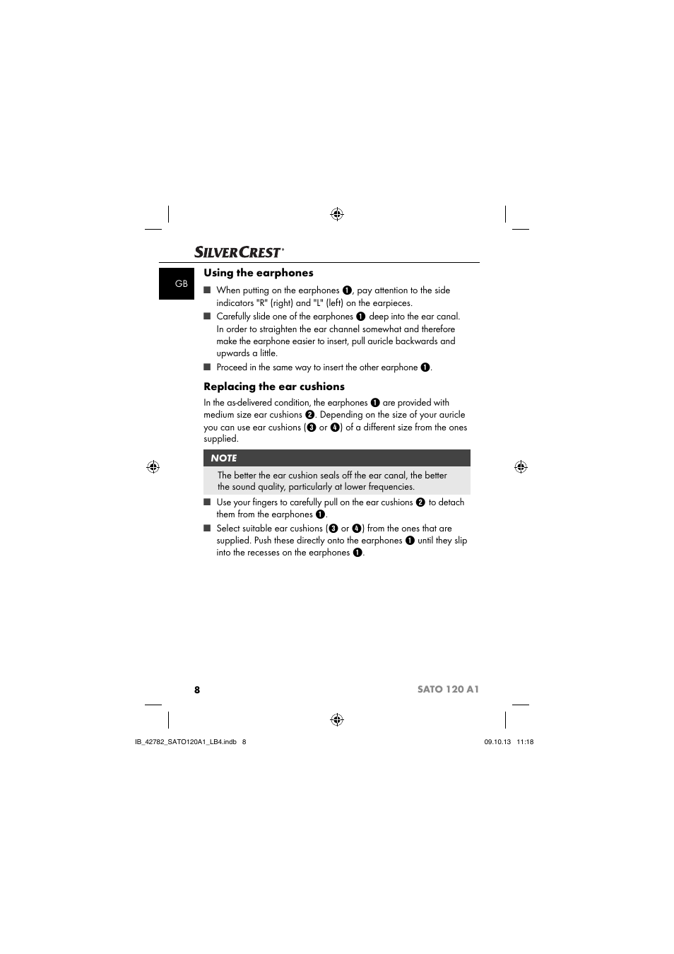 Using the earphones, Replacing the ear cushions | Silvercrest SATO 120 A1 User Manual | Page 11 / 87