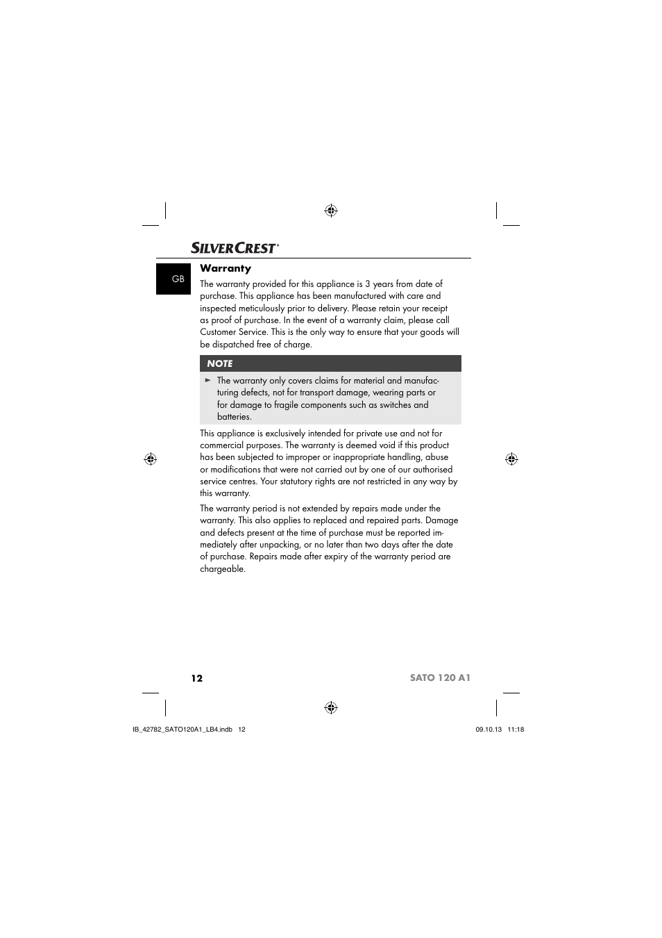 Warranty | Silvercrest SATO 120 A1 User Manual | Page 15 / 87