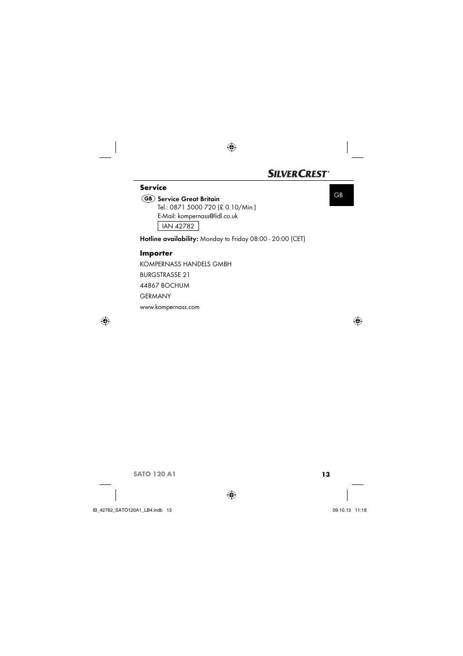 Service, Importer | Silvercrest SATO 120 A1 User Manual | Page 16 / 87